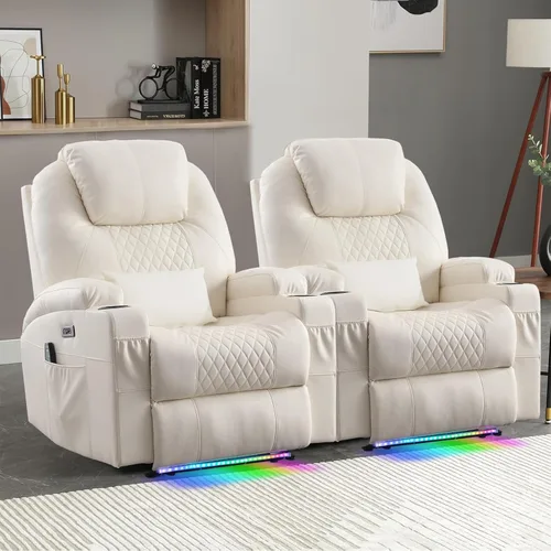 Vista 16 de Silla reclinable eléctrica con calor y masaje para adultos, asiento reclinable eléctrico de cine en casa con luces LED, portavasos, bolsillo