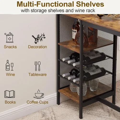 Vista 5 de VECELO Juego de mesa y sillas de bar para 2, juego de comedor de 3 piezas con estantes de almacenamiento, portavasos y estante para vinos, taburetes