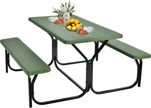 Vista 13 de GYMAX Mesa de Picnic, Banco de Picnic Fácil de Montar con Tablero de Grano de Madera Resistente a Cualquier Clima y Marco de Metal, Mesas de Picnic