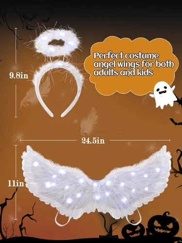 Vista 7 de Alas de ángel y halo LED de Halloween, alas de cupido de hadas blancas con halo de ángel iluminado para niñas, niños, adultos, mujeres, disfraz