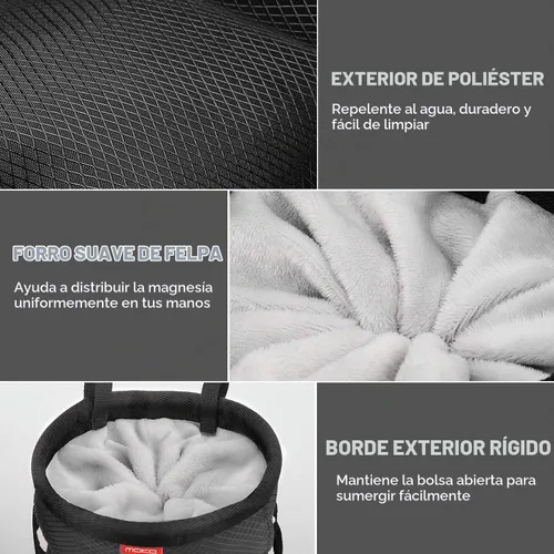 Vista 2 de Moko Rock Climbing Chalk Bag, Bouldering Chalk Pot Bucket with Adjustable Belt & Carabiner Drawstring Climbing Gear Negro