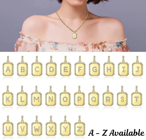 Vista 4 de Collares con inicial de oro para mujer, collar con letras para mujeres y niñas, collar rectangular con monograma de letras, chapado en oro de 18