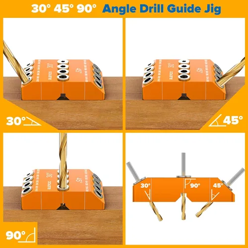 Vista 4 de BLEKOO - Plantilla de guía de taladro angular naranja con 4 brocas para kit de tornillos de retraso de barandilla de cable y postes de madera