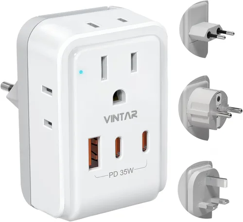 Vista 9 de VINTAR - Kit de adaptador de viaje universal, adaptador de enchufe internacional con 3 puertos USB (2 USB C, 3.4 A) y 2 salidas americanas, tipo A