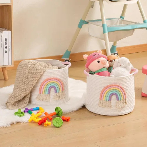 Vista 2 de Cestas de almacenamiento de juguetes cesta de almacenamiento de cuerda de algodón tejida con decoración de arco iris para niños, cestas de manta