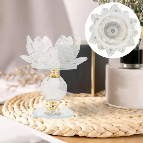 Vista 8 de Garneck Candelabro de loto de cristal, candelita de cristal, soporte para velas de luz nocturna, estatuilla budista para decoración del hogar, boda