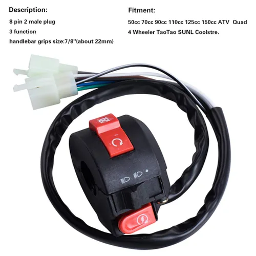 Vista 5 de Interruptor de Arranque Izquierdo de 3 Funciones + Interruptor de Encendido de 4 Cables con Llave y Tapa para ATV Chino Quad 4 Wheeler TaoTao SUNL