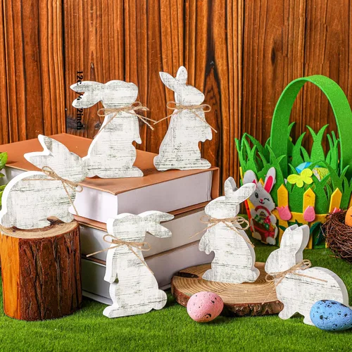 Vista 2 de Bememo 6 piezas de decoración de mesa de Pascua de conejo blanco, letreros de madera para centro de mesa, bandeja escalonada de Pascua, decoración