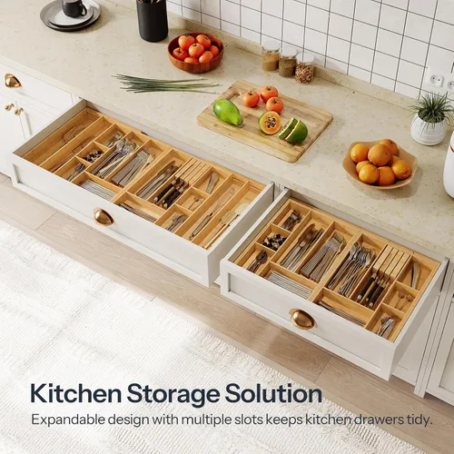 Vista 2 de HOOBRO Organizador grande de cubiertos para cajones de cocina, organizador de utensilios expandible con conexión magnética de 22 a 35 pulgadas