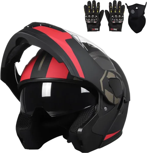 Vista 17 de Casco modular para motocicleta de adultos, con doble visera abatible, cara completa, aprobado por DOT para hombres, mujeres, moto, ATV, UTV, moto