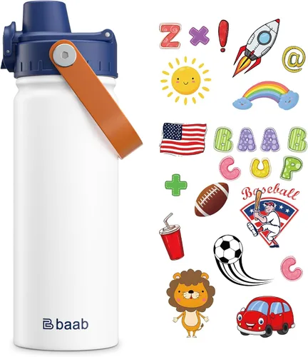 Vista 15 de baab Botella de Agua para Niños de 18 oz, Botella de Agua Aislada para Niños con Tapa de Boquilla Bloqueable y Calcomanías, Taza de Agua para Niños