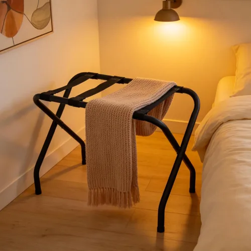 Vista 6 de Portaequipajes plegable, soporte de maleta de metal resistente con correas de nailon, portaequipajes plegable para habitación de invitados