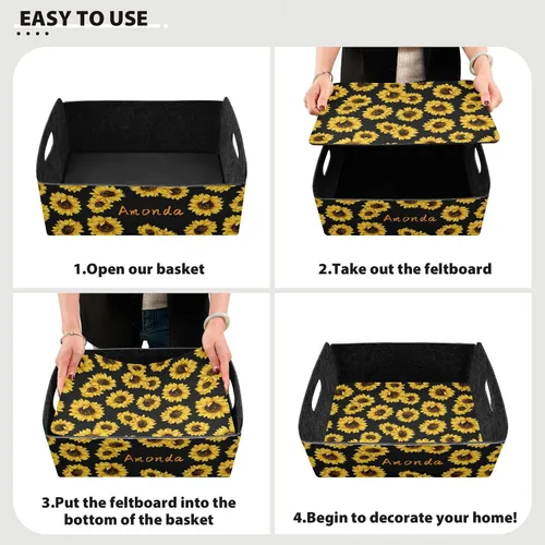 Vista 3 de CaTaKu Cesta de almacenamiento personalizada rectangular con asa, organizador de girasol, cesta con nombre para niñas