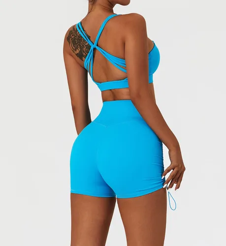 Vista 6 de Conjuntos de entrenamiento para mujer, 2 piezas, brasier deportivo recortado en capas y cintura en V, pantalones cortos para correr, gimnasio, yoga