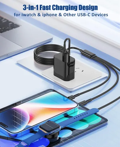 Vista 2 de Cargador para Apple Watch de carga rápida, cable de carga múltiple 3 en 1 con cargador USB C de 20 W, cable de carga iWatch de 6 pies para iWatch