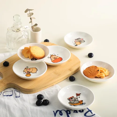 Vista 6 de SOCOSY Platos de cerámica súper lindos con animales de dibujos animados, platos de condimentos, pequeños tazones para alimentación de gatos, perros