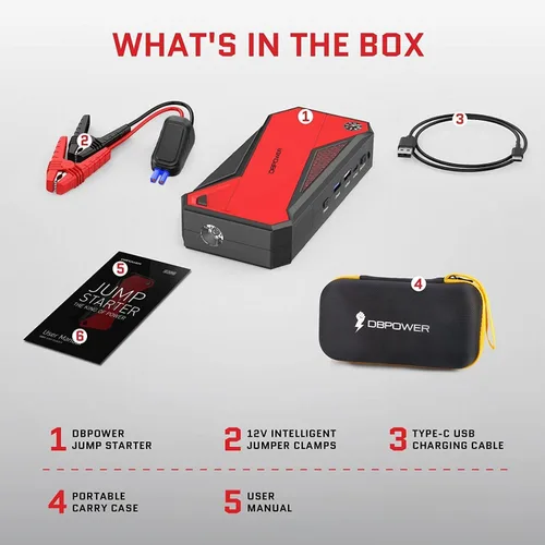 Vista 7 de DBPOWER Arrancador de coche portátil Peak 1600A 18000mAh (hasta 7.2 gasolina, motores diésel de 5.5L) con puerto de carga inteligente, pantalla LCD