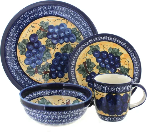 Vista 9 de Cerámica polaca de rosas azules, juego de vajilla de 16 piezas con diseño de mariposa floral roja, 4 lugares, ideal para cenas diarias, comidas