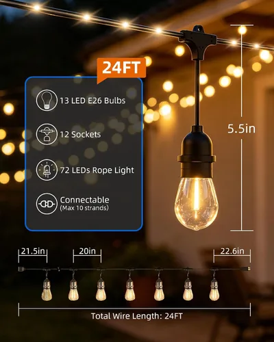 Vista 2 de Tira de luces para exteriores con tubo iluminado de 24 pies, cadena de luces de grado comercial con 13 bombillas Edison S14 (12+1 de repuesto)