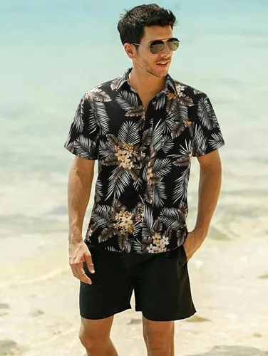 Vista 3 de Camisas hawaianas de manga corta para hombre, camisa Aloha casual con botones tropicales hawaianos florales de verano para fiesta en la playa