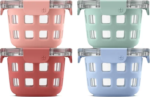 Vista 9 de Ello Duraglass Refresh - Juego de 4 recipientes de vidrio reutilizables de 2 tazas con tapas a prueba de fugas y mangas protectoras de silicona
