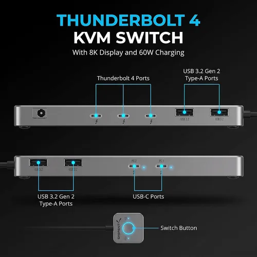 Vista 2 de SABRENT Conmutador KVM Thunderbolt 4, 40Gbps, 4K @144Hz/8K a 60Hz (SB-TB4K)
