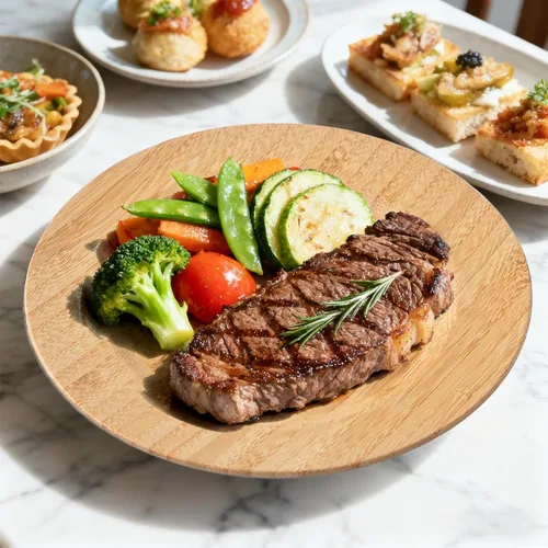 Vista 6 de Platos de Madera para Alimentos Platos de Bambú Platos de Cena Reutilizables Vajilla 2 Piezas Plato Redondo de Madera Liviano para Platos Platos
