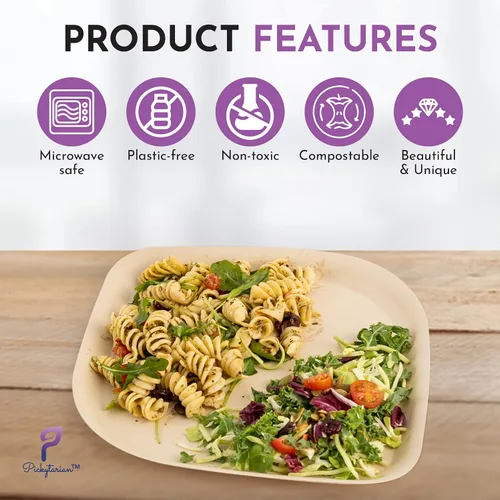 Vista 4 de Platos desechables de bambú marrón – Platos compostables de aperitivo de 8 pulgadas – Platos de postre de ensalada biodegradables resistentes