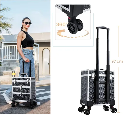 Vista 6 de FRENESSA Estuche Profesional Rodante para Maquillaje de Aluminio con Carrito de Tren y Ruedas para Organizador de Cosméticos de Viaje con Cajones