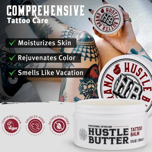 Vista 5 de Hustle Butter Tattoo Aftercare - Bálsamo para tatuajes de 5 onzas, cura + protege nuevos tatuajes y rejuvenece los tatuajes más antiguos, crema 100%