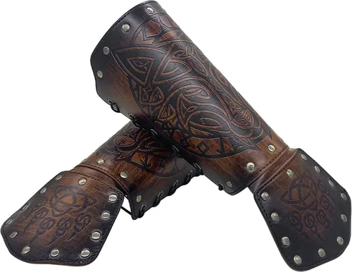 Vista 4 de JAOYU Brazaletes de cuero para hombre, armadura de brazo, brazalete de guantelete, brazaletes medievales, joyería vikinga para mujer, disfraz