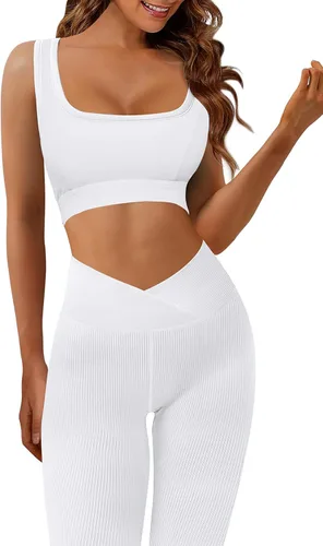 Vista 8 de LAOARA Conjunto de 2 piezas de entrenamiento para mujer, casual, acanalado, de punto, camiseta sin mangas, cintura alta, para gimnasio, leggings