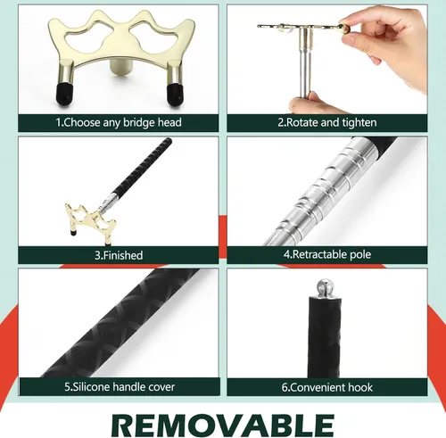 Vista 4 de Skylety Taco de billar para billar, accesorios de mesa de billar retráctil, soporte para taco de billar con cabezal de puente de latón extraíble