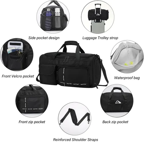 Vista 4 de MAXTOP Bolsa de gimnasio grande para hombres y mujeres con compartimento para zapatos, separación húmeda y seca, bolsa de lona negra para viajes
