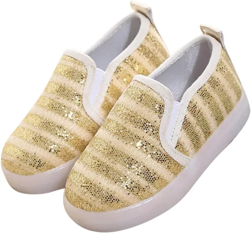 Vista 3 de POLG Mocasines con lentejuelas iluminadas para niña, con luces LED, zapatos de lona casuales planos (bebéniño pequeño) (dorado, 5.5 años)