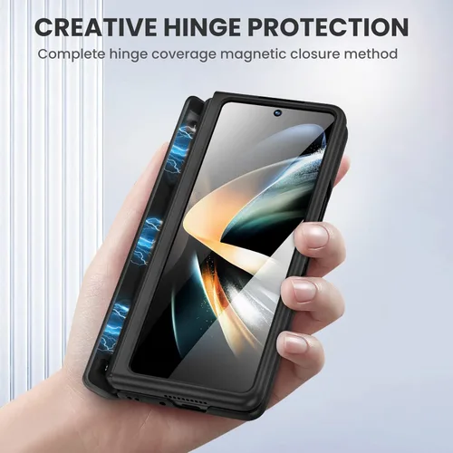 Vista 4 de Ruky - Funda para Galaxy Z Fold 4 con protección de bisagra, color negro Fundas de cuerpo completo con soporte magnético y protector de pantalla
