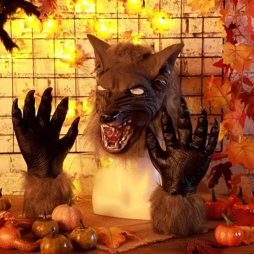 Vista 5 de Seenelling - Conjunto de disfraz de hombre lobo, máscara de lobo y guante