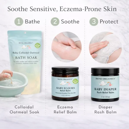 Vista 6 de Irene Organics Paquete para el cuidado de la piel del bebé: baño de avena, bálsamo para aliviar el eccema, bálsamo para la erupción del pañal