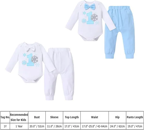Vista 26 de IBTOM CASTLE Traje de invierno para bebé niño con copos de nieve para primer cumpleaños, mameluco con estampado de pastel y pantalones largos