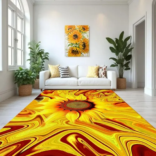 Vista 2 de Alfombra hippie de girasol, 3 x 4 pies, alfombra floral abstracta, alfombra multicolor brillante, antideslizante, fácil de limpiar, para entrada