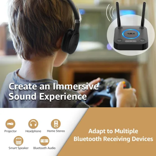 Vista 4 de 1Mii B06TX Transmisor Bluetooth 5.2 para TV a Auriculares/Altavoces Inalámbricos, Adaptador Bluetooth para TV con Control de Volumen, Entradas