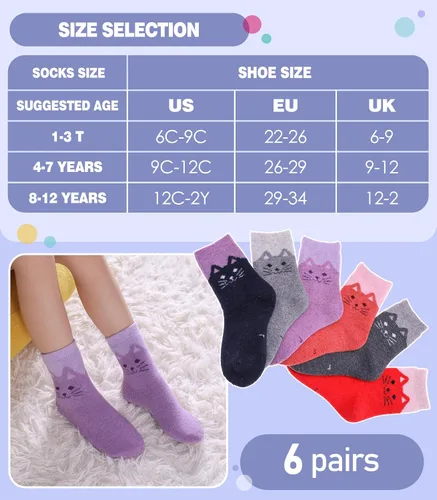 Vista 5 de MQELONG Calcetines de lana para niños y niñas de invierno, calcetines gruesos y acogedores tipo crew para senderismo y botas, 6 pares