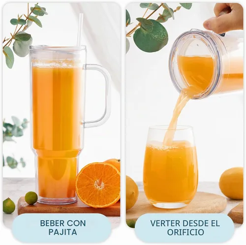 Vista 4 de Vaso de plástico de 40 onzas con asa y tapa de pajilla, vaso transparente, botella de agua de plástico reutilizable de doble pared al vacío, taza