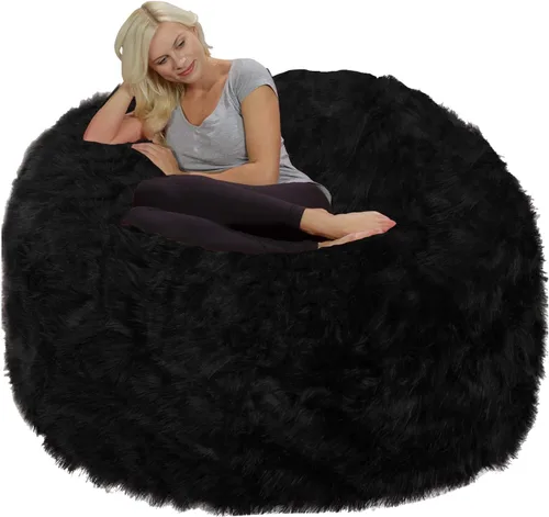 Vista 4 de Silla Chill Sack: Puff gigante de espuma viscoelástica de 6 pies. Sofá grande con funda suave de piel sintética de felpa, color negro.