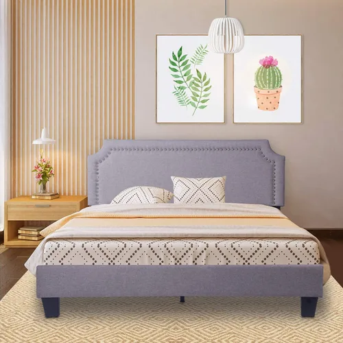 Vista 11 de LUCKYERMORE Base de cama de plataforma Queen de 12 pulgadas con cabecera beige, marco de cama de metal resistente con almacenamiento debajo