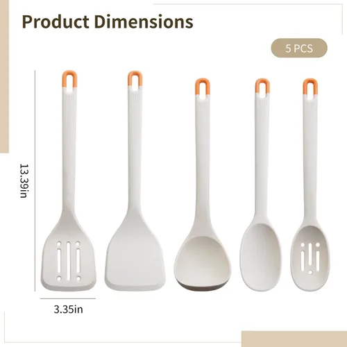 Vista 4 de Juego de 5 utensilios de cocina de silicona gris, resistentes al calor, sin BPA, agarre ergonómico