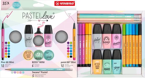 Vista 2 de STABILO Juego de bolígrafos Pastelove – Paquete de 35 – punto 88 Mini, bolígrafo 68 Mini, BOSS MINI y Swano Pastel – Fineliner, punta de fibra