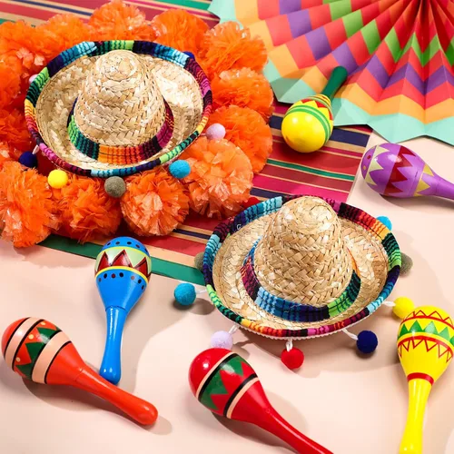 Vista 4 de Honoson 12 piezas de maracas de madera para fiesta, 6 mini sombreros de Cinco de Mayo, sombrero mexicano de copa para decoración de fiesta