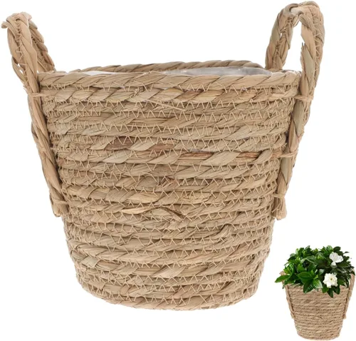 Vista 11 de Zerodeko Cesta de hierba marina, cesta de paja, cesta tejida, maceta de mimbre con forro de plástico para plantas de interior, lavandería, 6.3 in