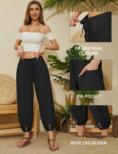 Vista 5 de Pantalones capri casuales con cordón elástico de cintura alta, holgados, pierna ancha, pantalones recortados para mujer de verano